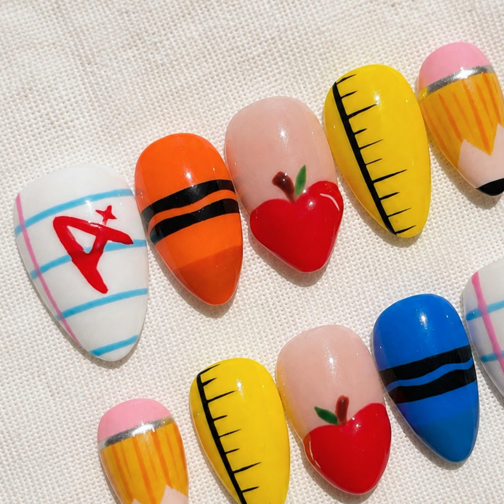 Back to School Press On Nails, 3D Teacher Apple Pencil Ruler Notebook Nails