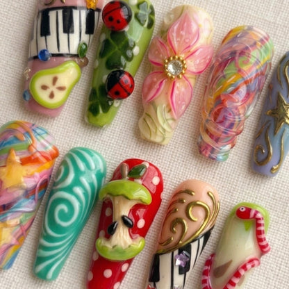 Kawaii Apple Press On Nails, Artistic 3D Colorful Nails, Retro Whimsical Nail Set
