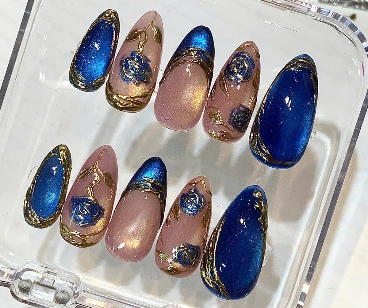 Blue Gold Press On Nails, Royal Blue Floral Nails, Luxury Gold Leaf Fake Nails, Handmade Nude Almond Nail Set