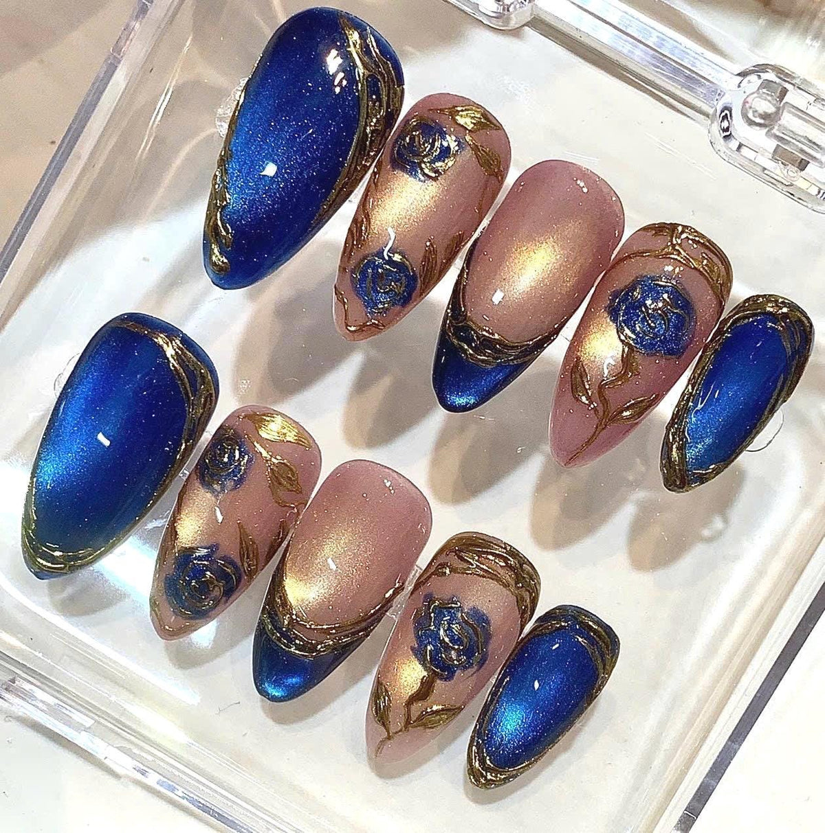 Blue Gold Press On Nails, Royal Blue Floral Nails, Luxury Gold Leaf Fake Nails, Handmade Nude Almond Nail Set