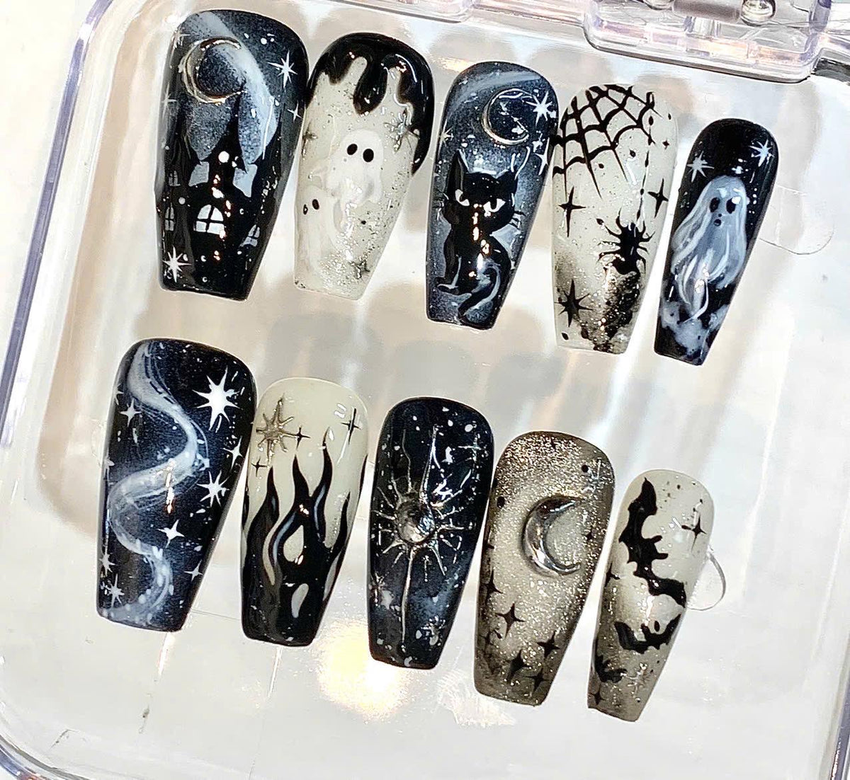 Gothic Halloween Press On Nails, Black Cat Ghost Spooky Moon Stars (Coffin Set)