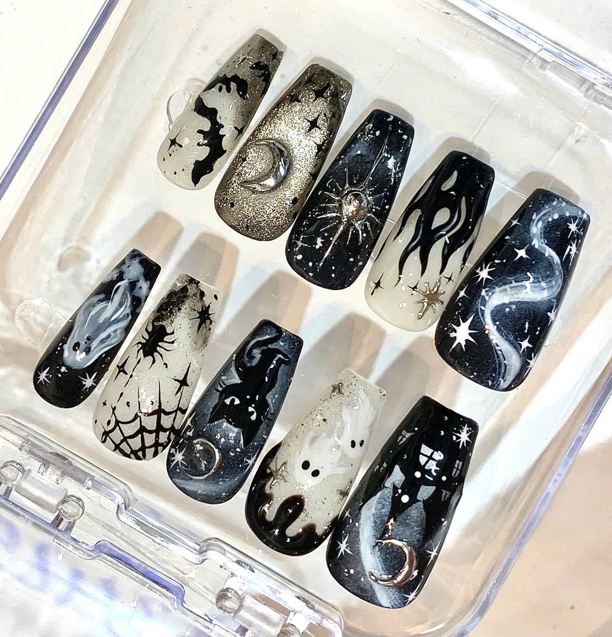 Gothic Halloween Press On Nails, Black Cat Ghost Spooky Moon Stars (Coffin Set)