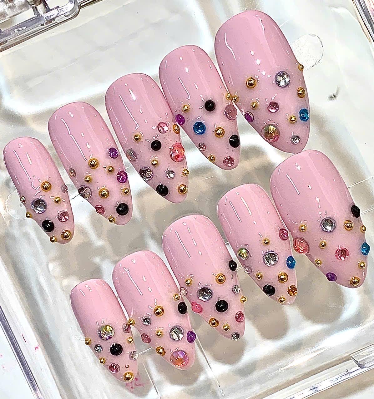 Pink Rhinestone Press-On Nails, Y2K Bling Almond Set
