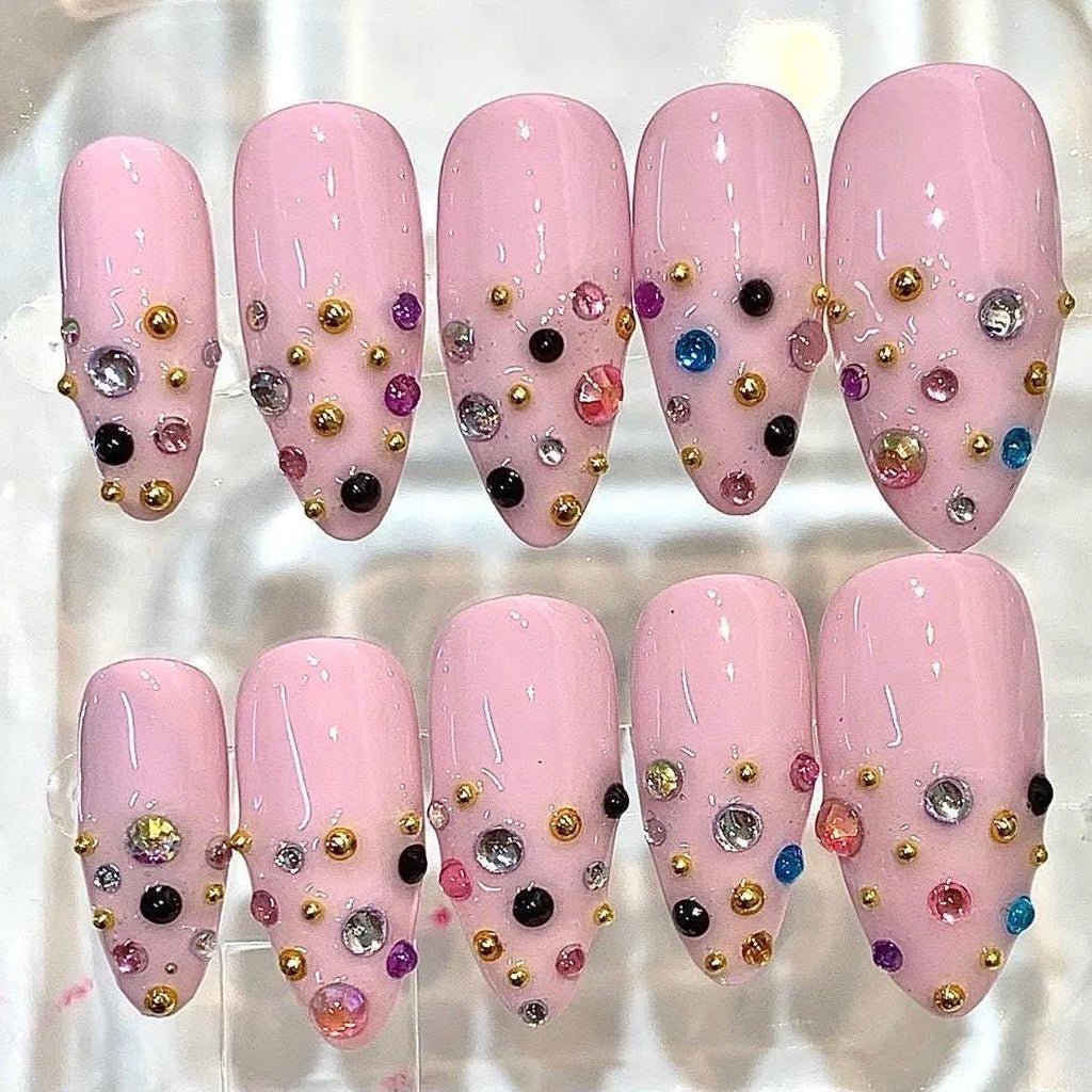 Pink Rhinestone Press-On Nails, Y2K Bling Almond Set
