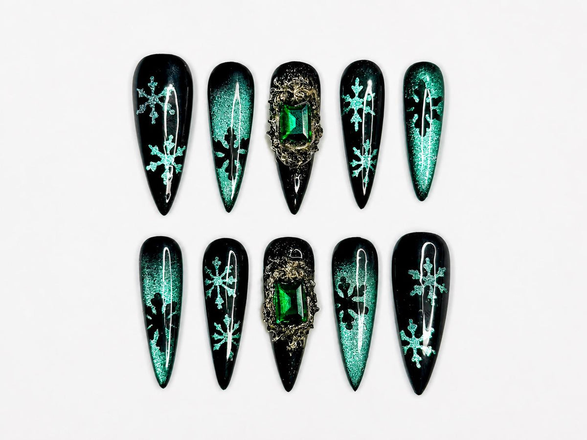Emerald Snowflake Christmas Press On Nails | Black Green Winter Nails | Luxe Holiday Nail Art | Stiletto Press Ons | Winter Set | JB237HC
