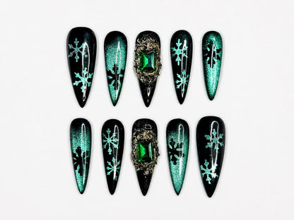 Emerald Snowflake Christmas Press On Nails | Black Green Winter Nails | Luxe Holiday Nail Art | Stiletto Press Ons | Winter Set | JB237HC