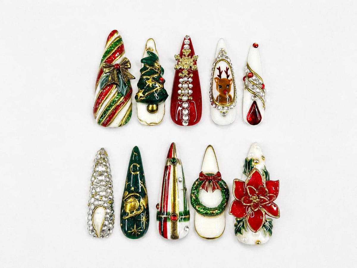 Luxury Christmas Press On Nails | 3D Tree & Wreath Nails | Candy Cane Holiday Nail Art | Christmas Press Ons | Festive Winter Set | JB242HC