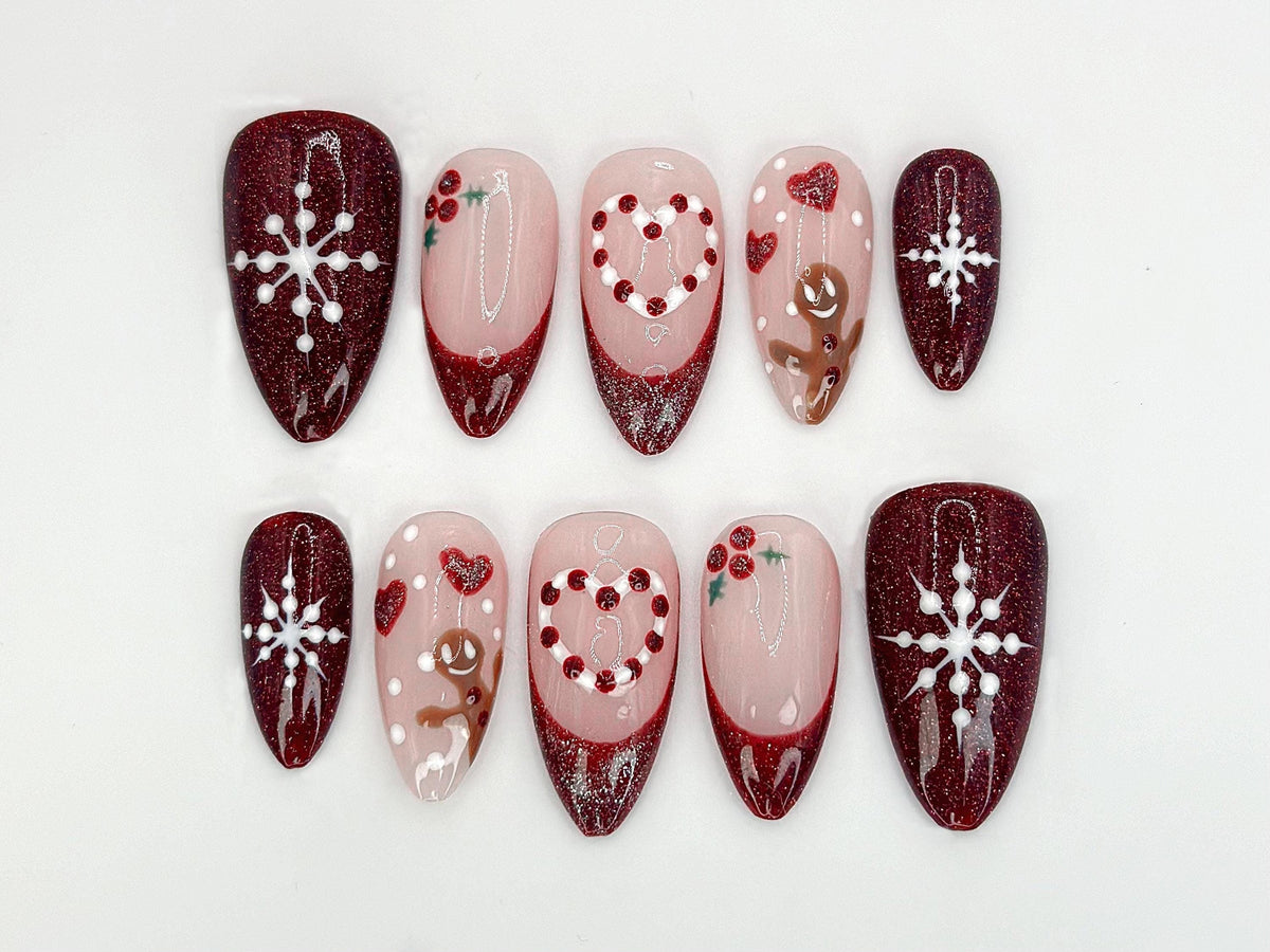 Christmas Glitter Press On Nails | Red & Snowflake Design | Christmas-Inspired Nail Art | Holiday Nail Art Set |  Christmas Gift | JC535HC