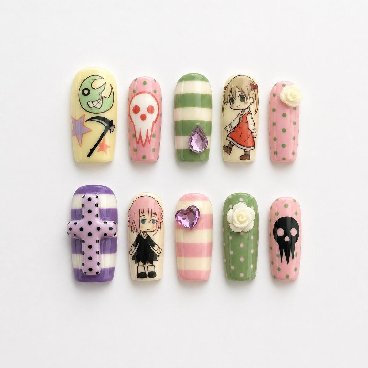 Crona & Maka Anime Press On Nails | Soul Eater Anime Nail Art | Kawaii Horror Nail Design | Long Coffin Statement Nails | JB271H