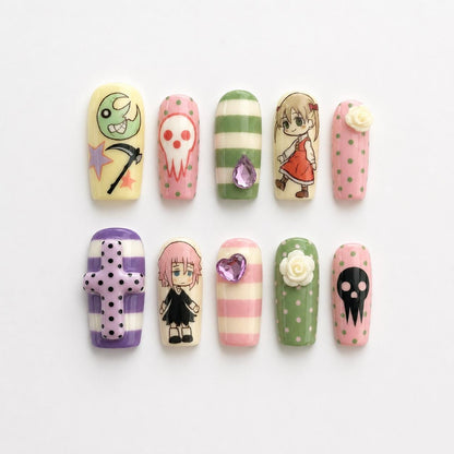 Crona & Maka Anime Press On Nails | Soul Eater Anime Nail Art | Kawaii Horror Nail Design | Long Coffin Statement Nails | JB271H