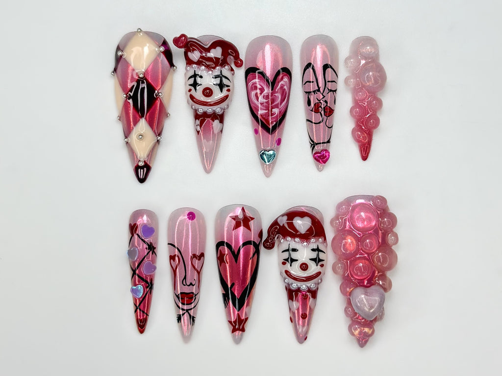 Valentine Clown Heart Press On Nails for Dark Romance Girls | Handmade Long Pink Chrome Fake Nails | Alternative Love Nail | JB278EC