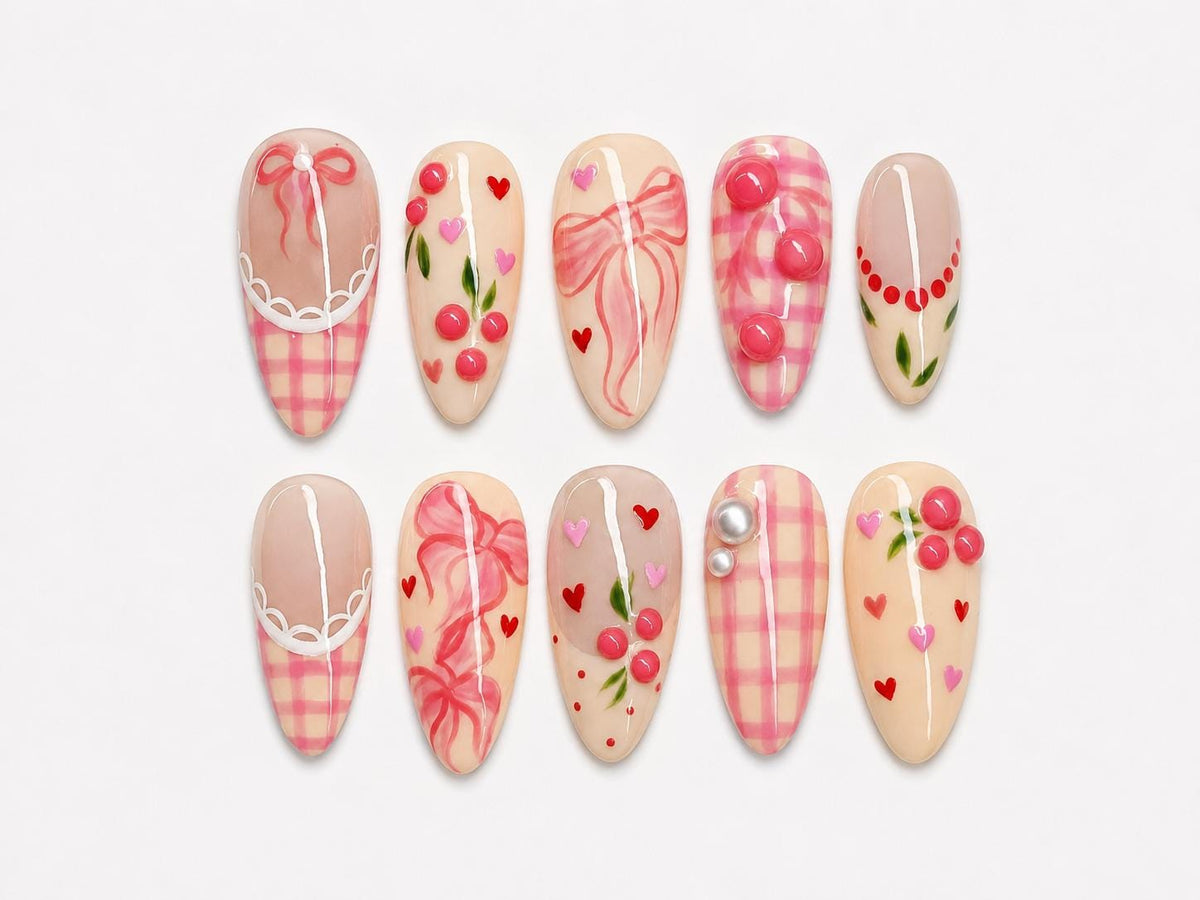 Cherry Cute Hearts Press On Nails for Valentine Days | Handmade Nude Pink Ribbon Fake Nails | Sweet Cherry Heart Nail Art | JB283EC