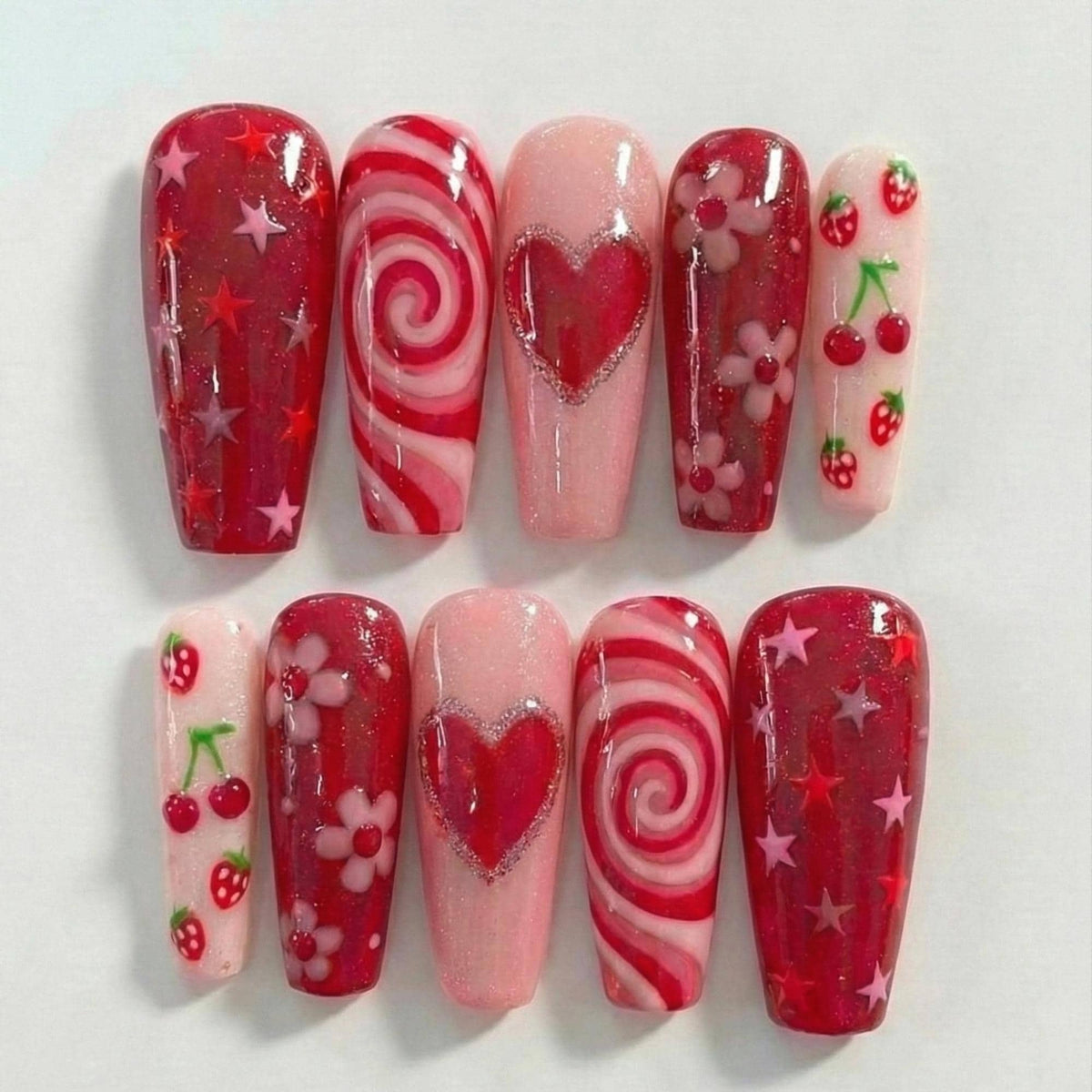 Cherry Candy Valentine Press On Nails for Girlfriends | Red Heart Swirl Nails for Teens & Kawaii Lovers | Cute Floral Nail for Girl | JB287H
