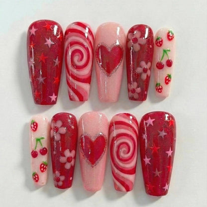 Cherry Candy Valentine Press On Nails for Girlfriends | Red Heart Swirl Nails for Teens & Kawaii Lovers | Cute Floral Nail for Girl | JB287H
