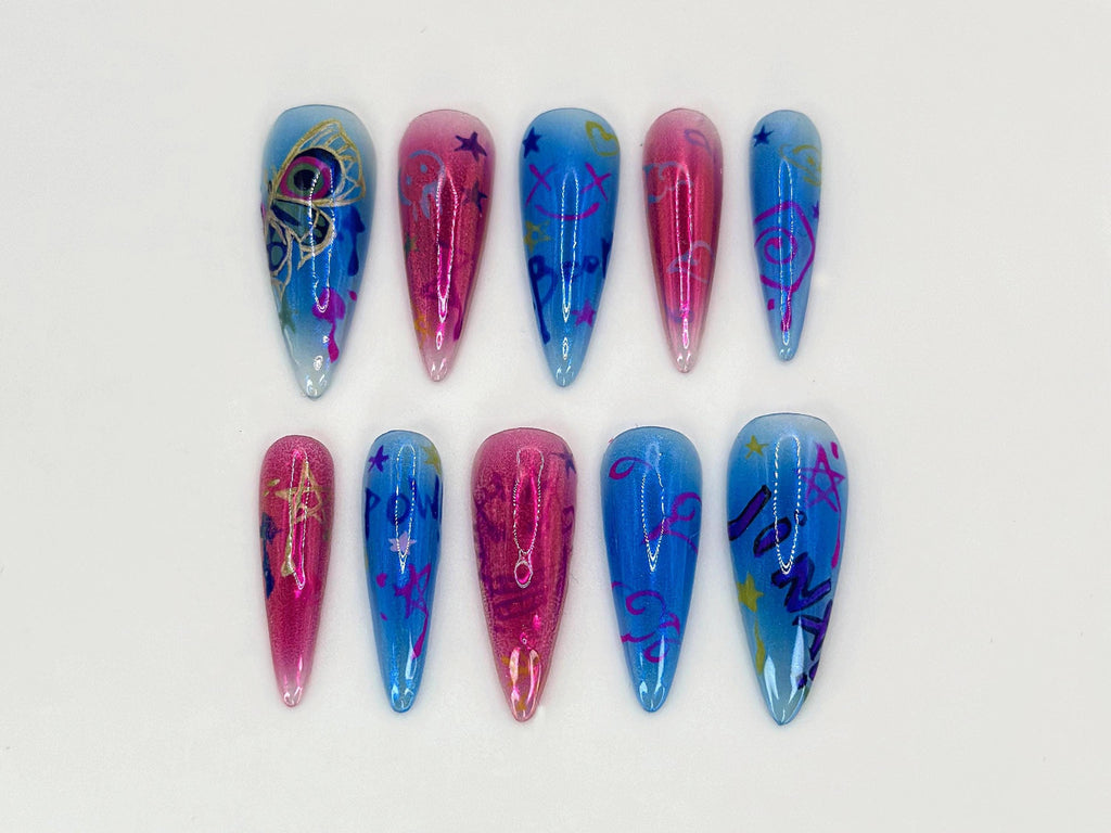 League of Legends Jinx Nail Art | Pink & Blue Graffiti Stiletto Nails | Custom Pop Art Ombre Nails | Jinx Graffiti Nail Art | JB595HC