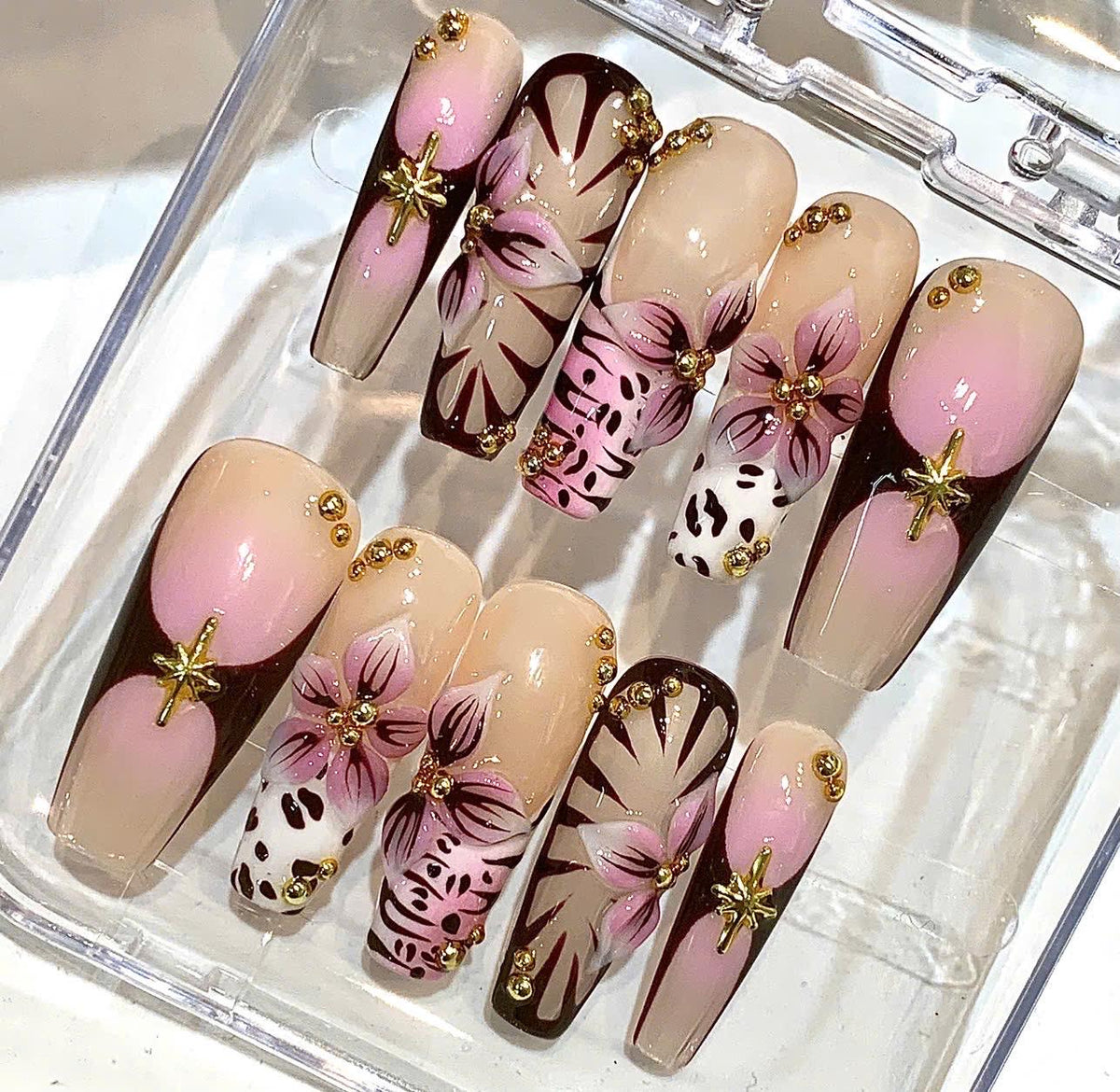 Pink Floral French Tip Press On Nails | 3D Handmade Elegant Coquette False Nails