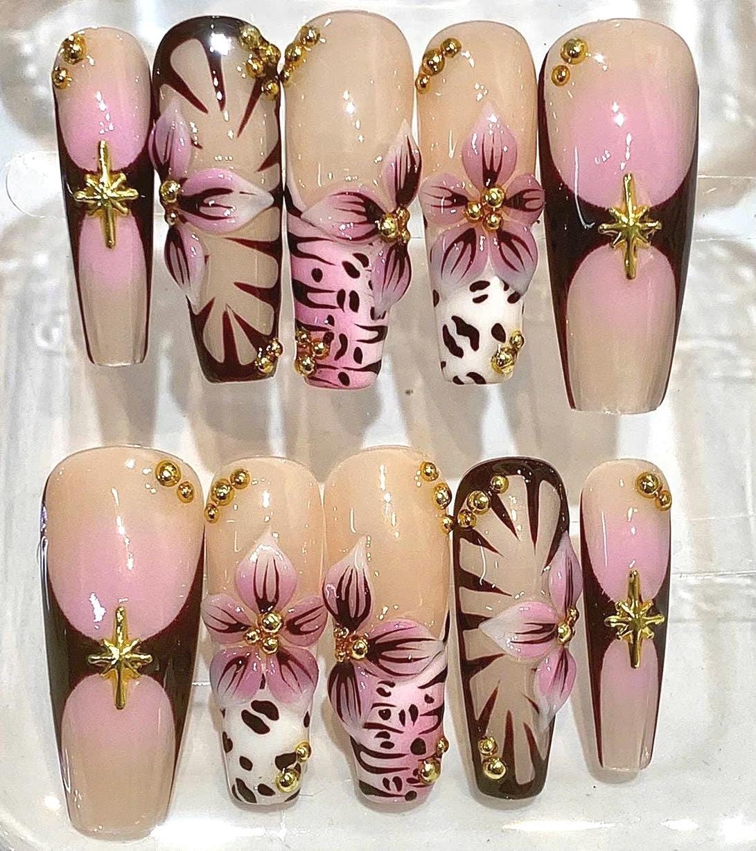 Pink Floral French Tip Press On Nails | 3D Handmade Elegant Coquette False Nails