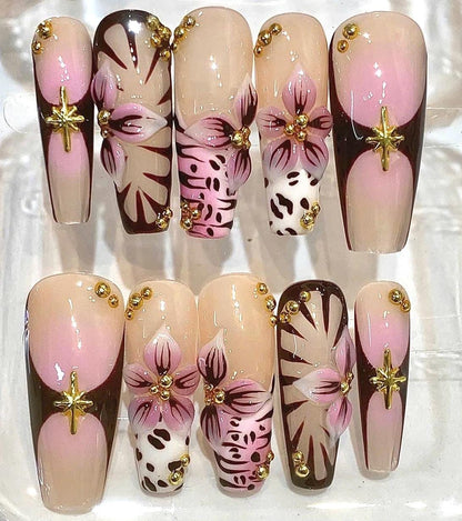 Pink Floral French Tip Press On Nails | 3D Handmade Elegant Coquette False Nails