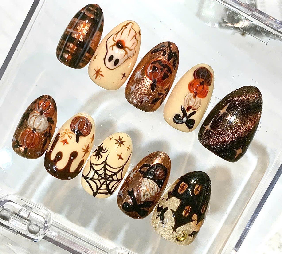 Halloween Press On Nails | Haunted House, Ghost, Pumpkin Designs (Reusable Fake Nails)