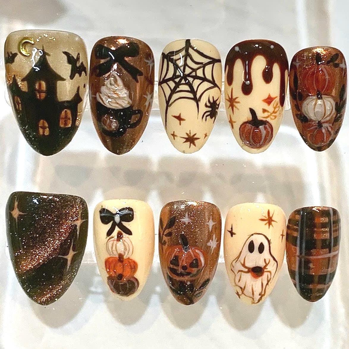 Halloween Press On Nails | Haunted House, Ghost, Pumpkin Designs (Reusable Fake Nails)