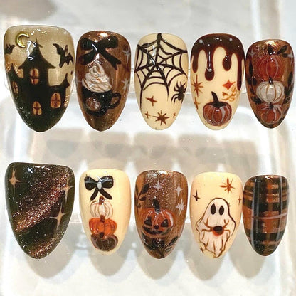 Halloween Press On Nails | Haunted House, Ghost, Pumpkin Designs (Reusable Fake Nails)