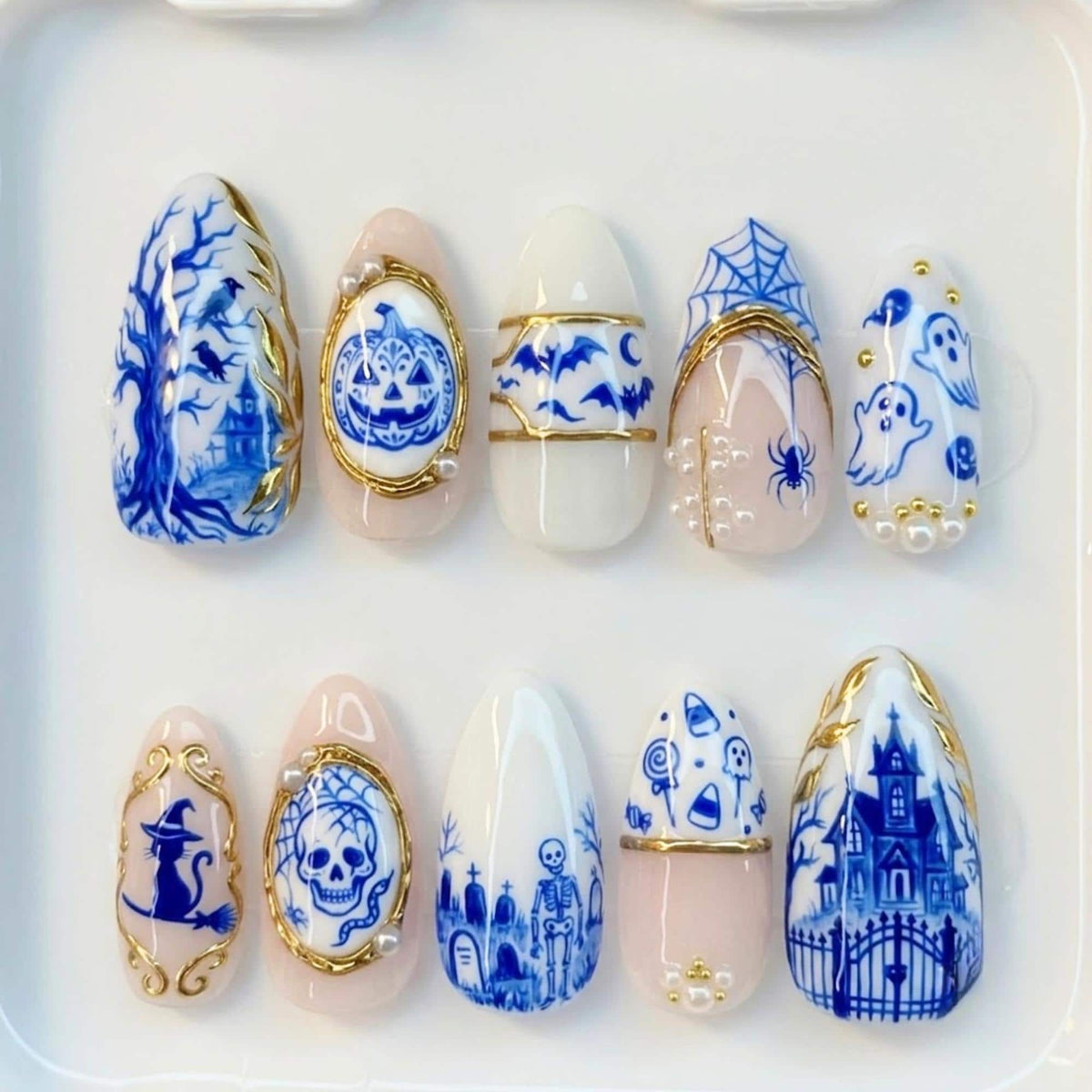 Blue Porcelain Halloween Press On Nails | Antique Delftware Vibe | Elegant Almond Shape | Haunted House Bat Nail | 3D Gold Frame Nail Art
