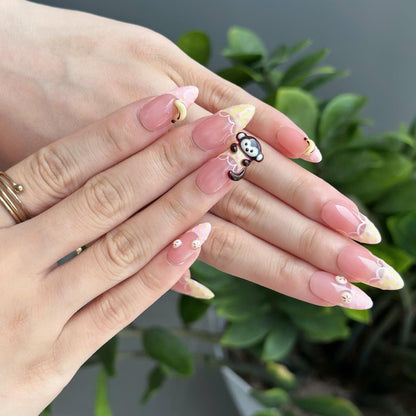 Cute Fruit Press On Nails with 3D Banana Charms | Peach Pink Fake Nails in Long Almond | Handmade Kawaii Nail Art for Summer | JC482UC