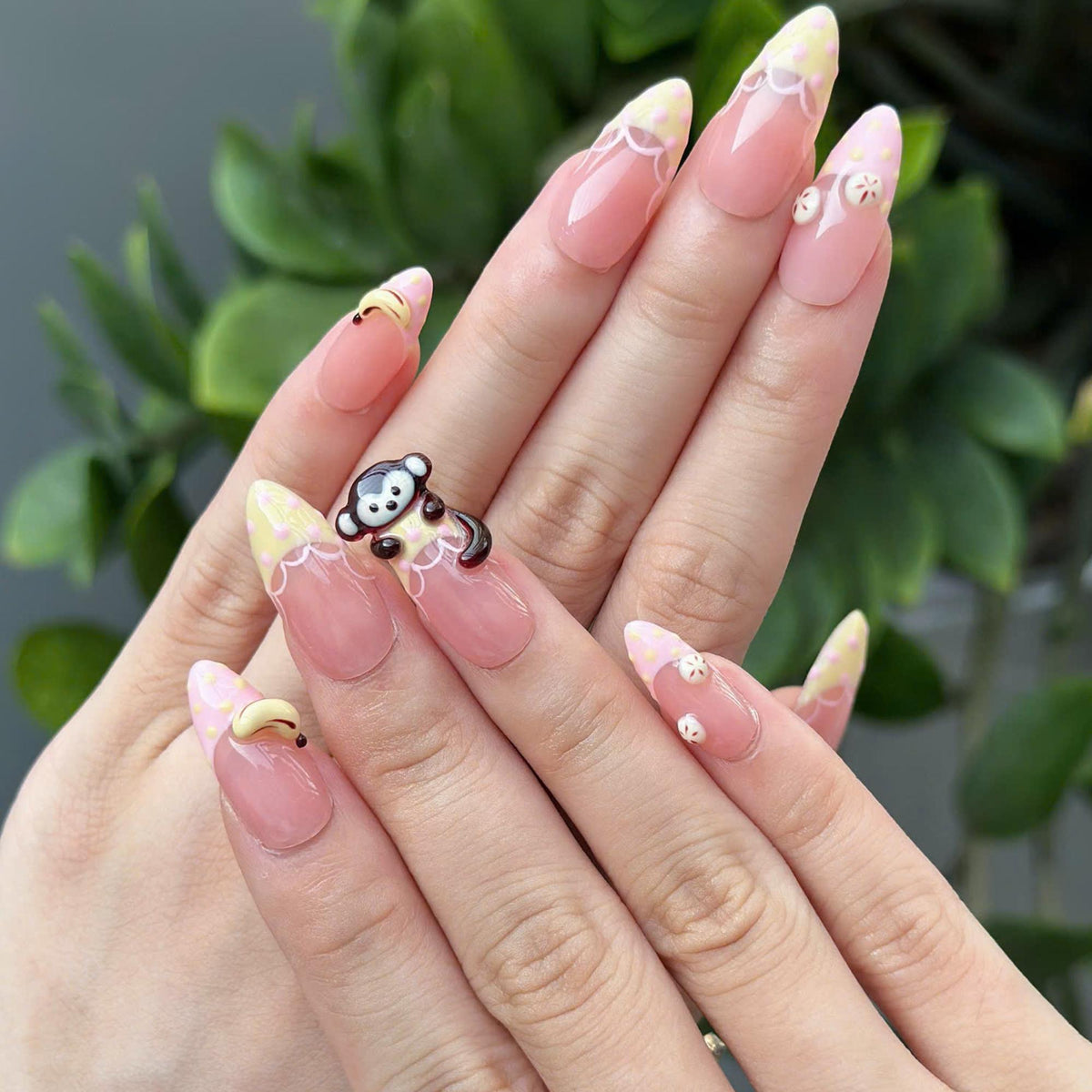 Cute Fruit Press On Nails with 3D Banana Charms | Peach Pink Fake Nails in Long Almond | Handmade Kawaii Nail Art for Summer | JC482UC