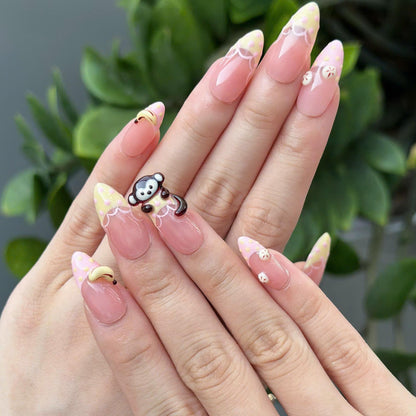 Cute Fruit Press On Nails with 3D Banana Charms | Peach Pink Fake Nails in Long Almond | Handmade Kawaii Nail Art for Summer | JC482UC