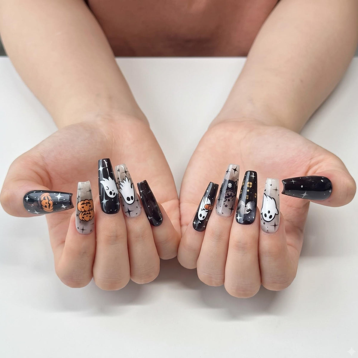 Halloween Press On Nails with Ghost & Pumpkin Design | Spooky Black White Fake Nails | Handmade Nail Art for Halloween Party | JB481UG