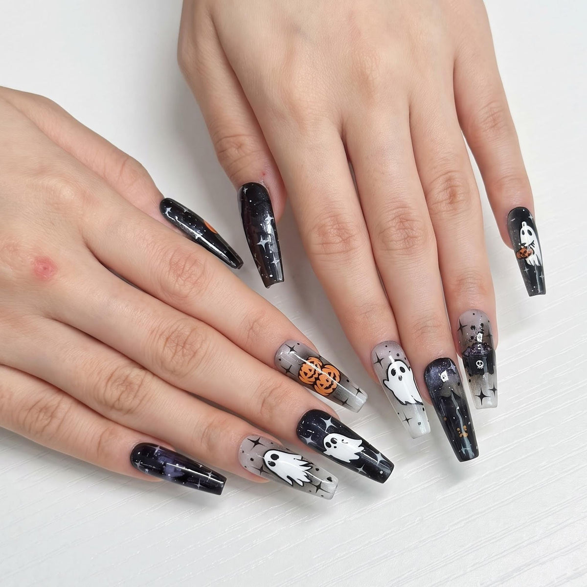 Halloween Press On Nails with Ghost & Pumpkin Design | Spooky Black White Fake Nails | Handmade Nail Art for Halloween Party | JB481UG