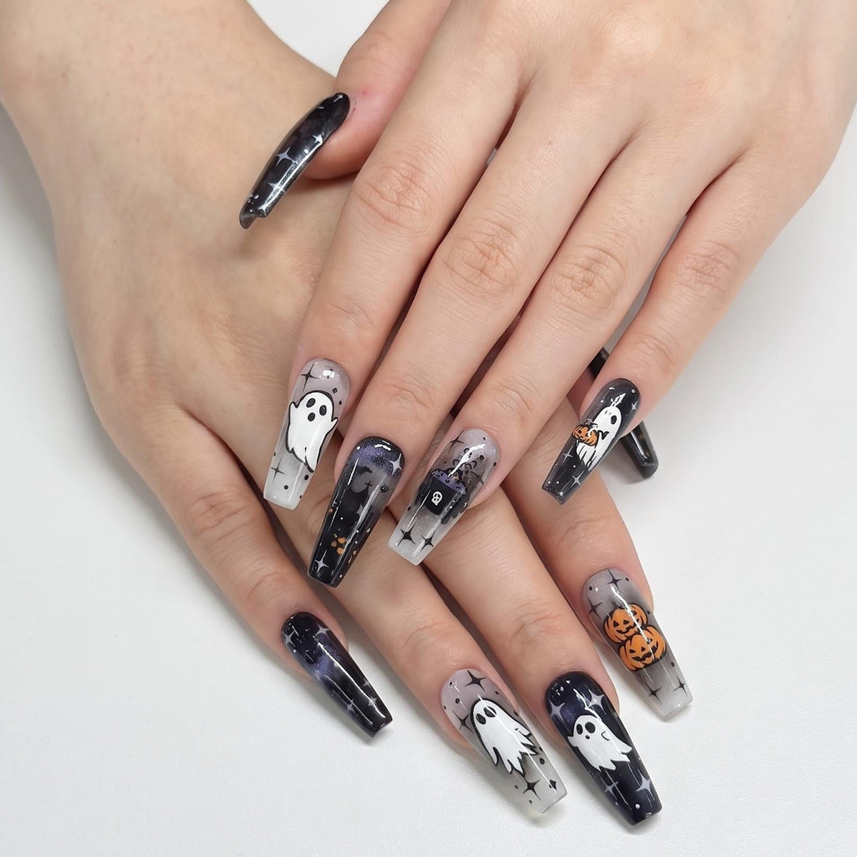 Halloween Press On Nails with Ghost & Pumpkin Design | Spooky Black White Fake Nails | Handmade Nail Art for Halloween Party | JB481UG