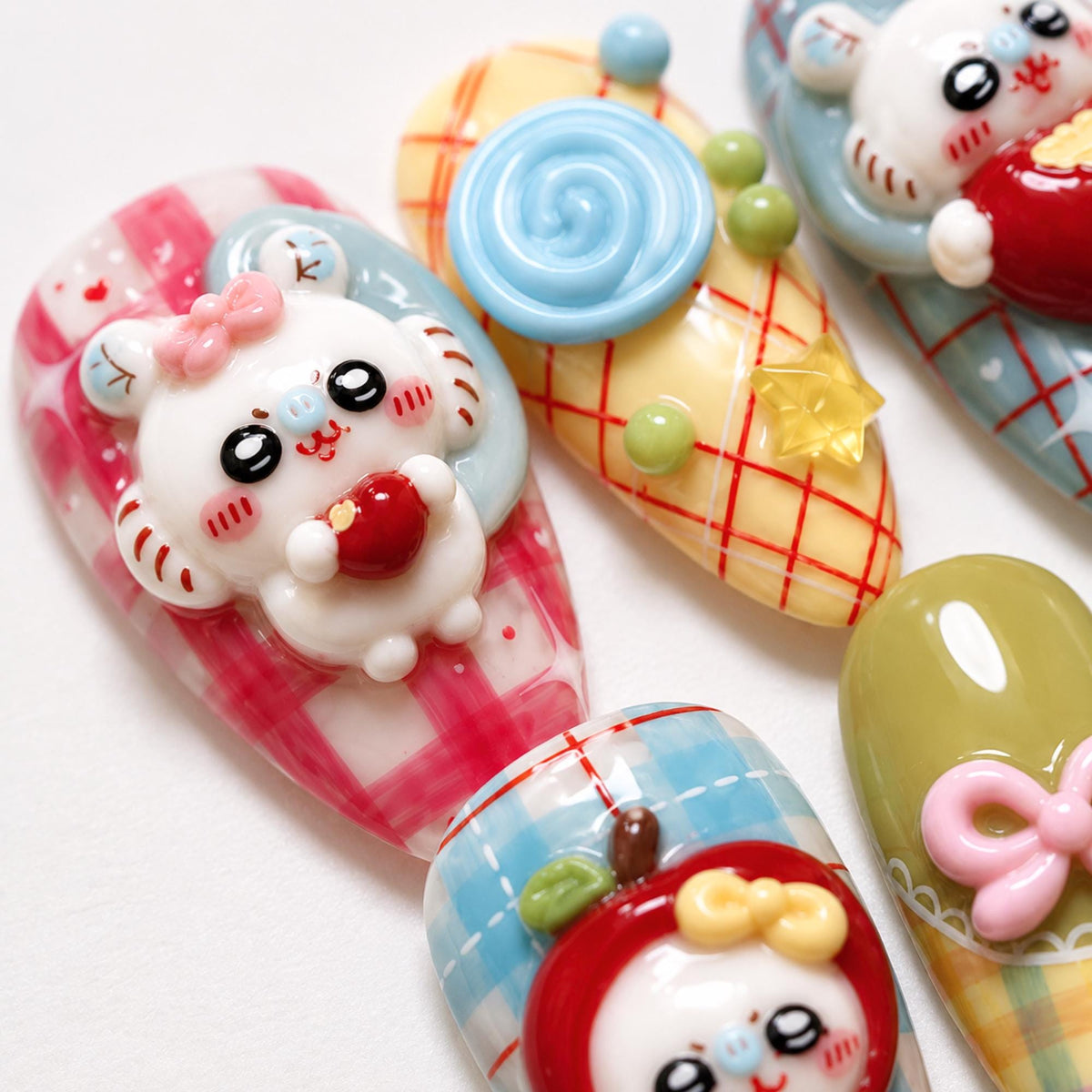 Cute Press On Nails with 3D Apple Charm , Kawaii Plaid Nails , Autumn Handmade Set , Fall Handmade Nails , Press On Nails Set , JB467W