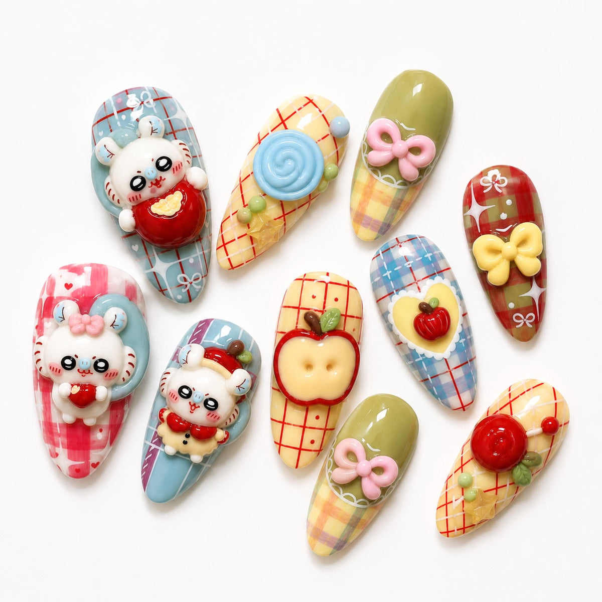 Cute Press On Nails with 3D Apple Charm , Kawaii Plaid Nails , Autumn Handmade Set , Fall Handmade Nails , Press On Nails Set , JB467W