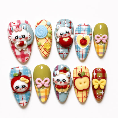 Cute Press On Nails with 3D Apple Charm , Kawaii Plaid Nails , Autumn Handmade Set , Fall Handmade Nails , Press On Nails Set , JB467W