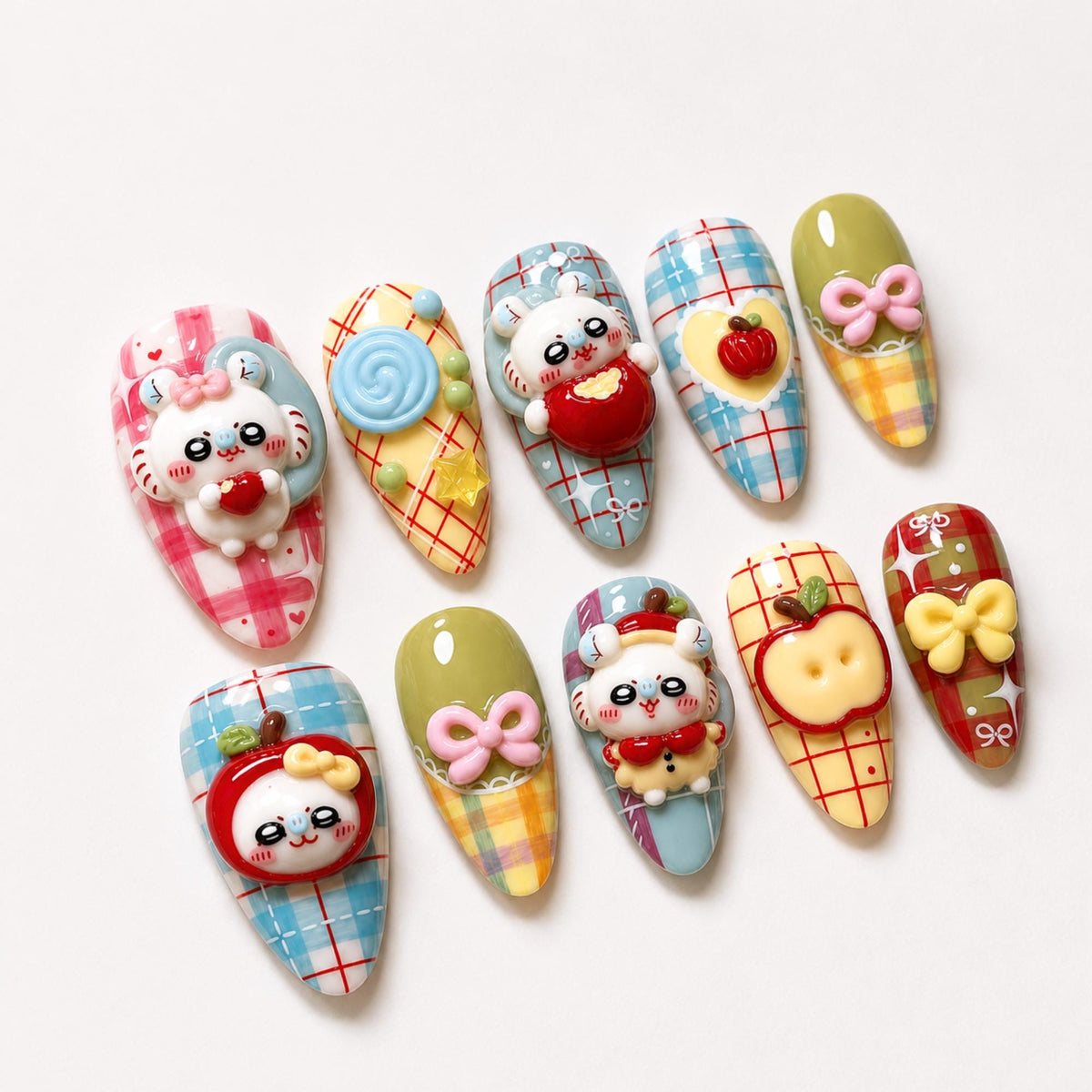 Cute Press On Nails with 3D Apple Charm , Kawaii Plaid Nails , Autumn Handmade Set , Fall Handmade Nails , Press On Nails Set , JB467W