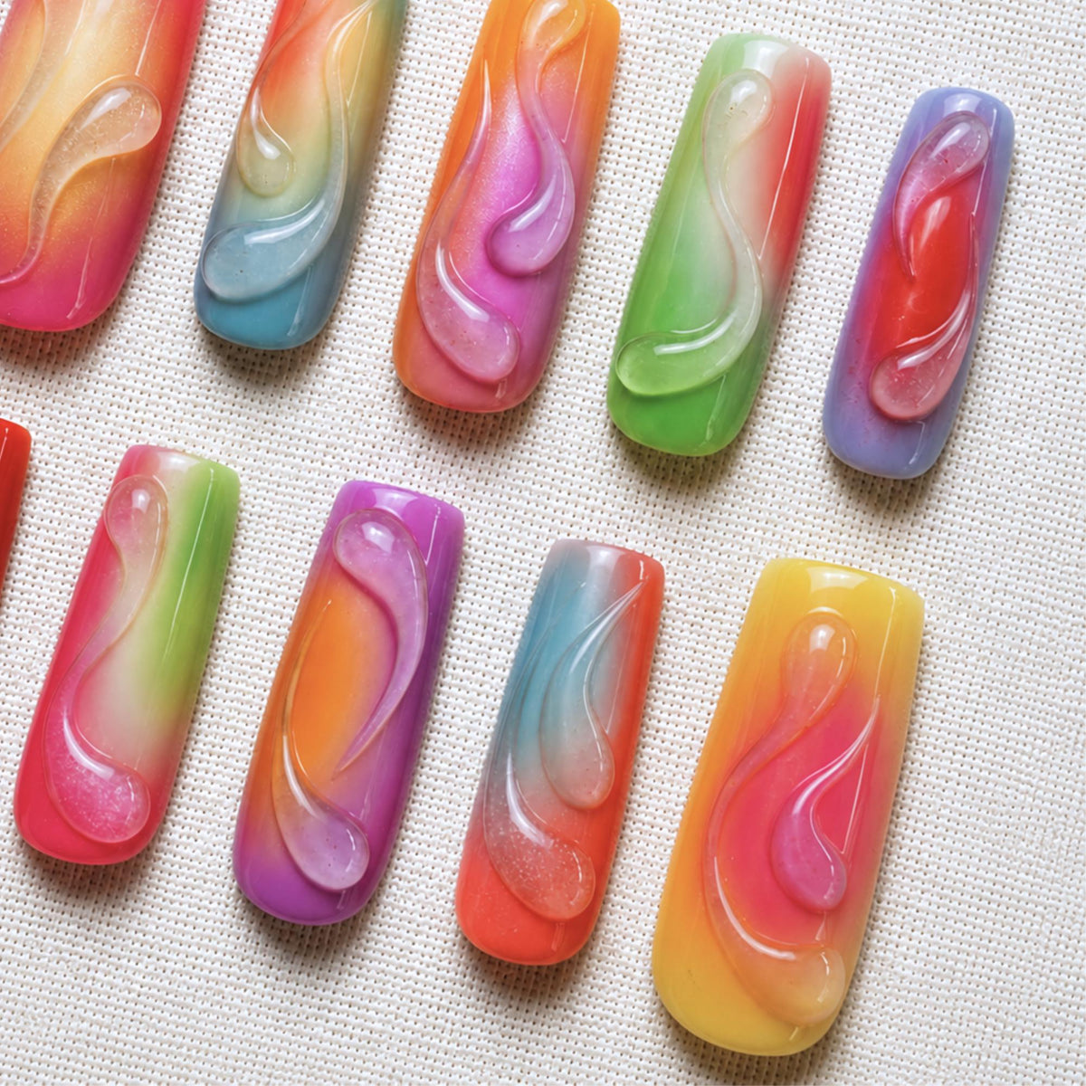 Airbrush Aura Press On Nails, Neon Gradient 3D Nails, Colorful Jelly Nail Set, Handmade Rainbow Nails