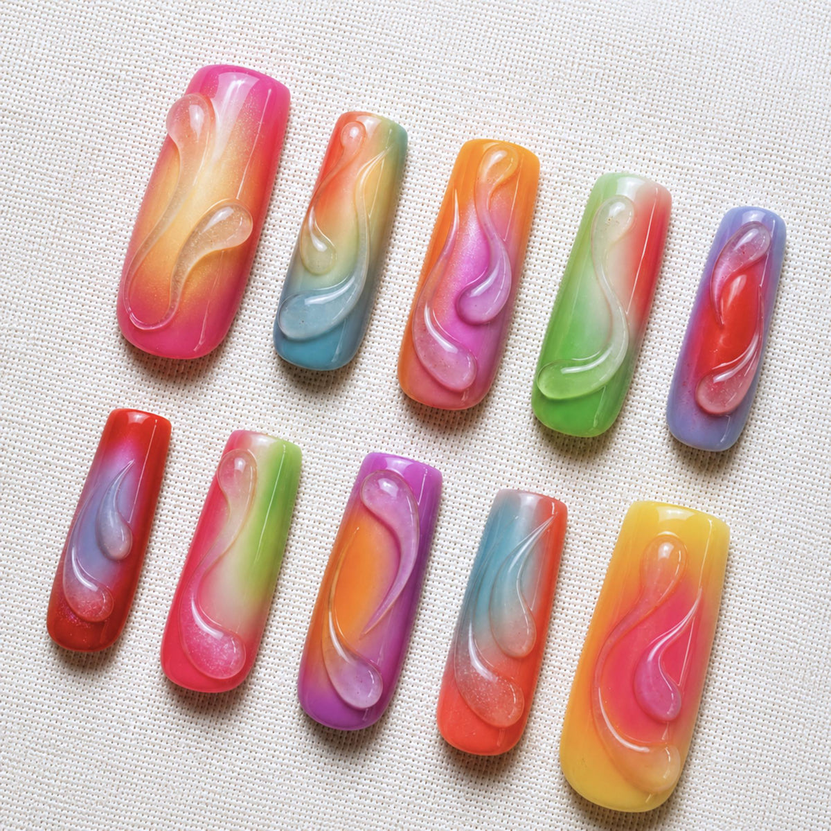 Airbrush Aura Press On Nails, Neon Gradient 3D Nails, Colorful Jelly Nail Set, Handmade Rainbow Nails