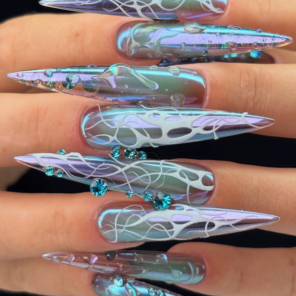 Blue Chrome Press On Nails, Futuristic Aura Stiletto Nails, Y2K Cyber Nail Set
