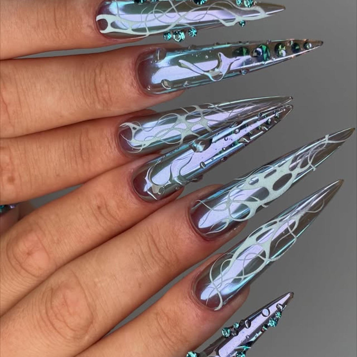 Blue Chrome Press On Nails, Futuristic Aura Stiletto Nails, Y2K Cyber Nail Set