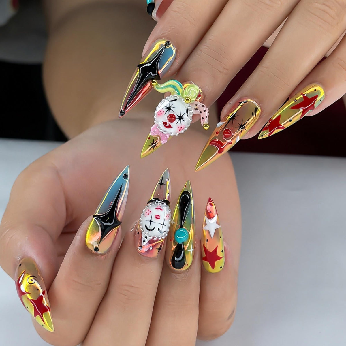 Creepy Clown Press On Nails, 3D Chrome Circus Gothic Nails, Halloween Cosplay Nail Set, Harlequin Nail Art