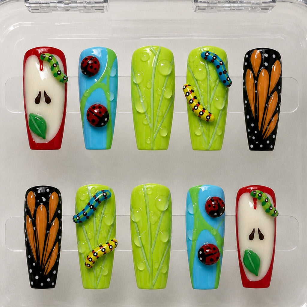 Apple Garden Press On Nails, 3D Whimsical Butterfly Nails, Cute Nature Ladybug Nail Set