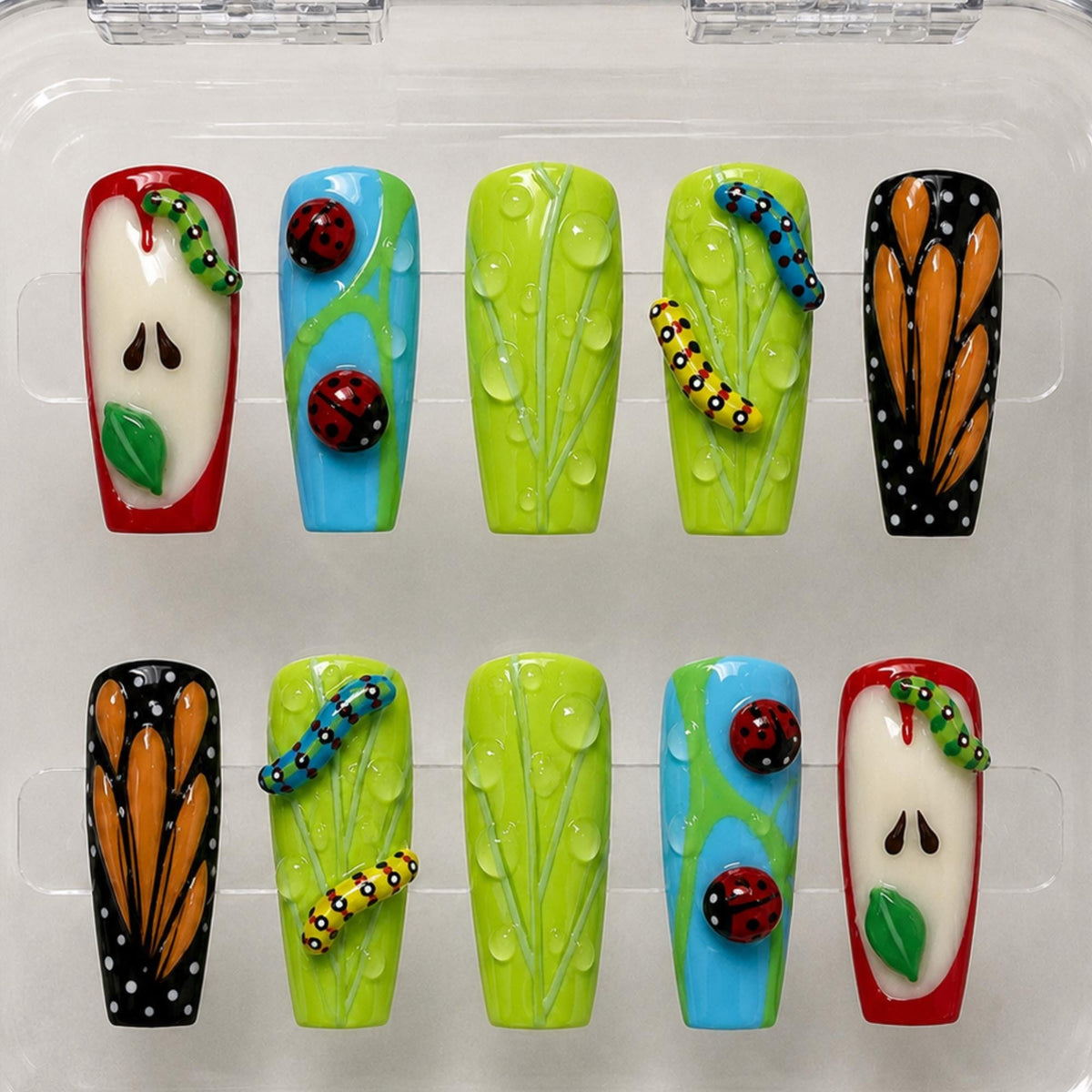 Apple Garden Press On Nails, 3D Whimsical Butterfly Nails, Cute Nature Ladybug Nail Set