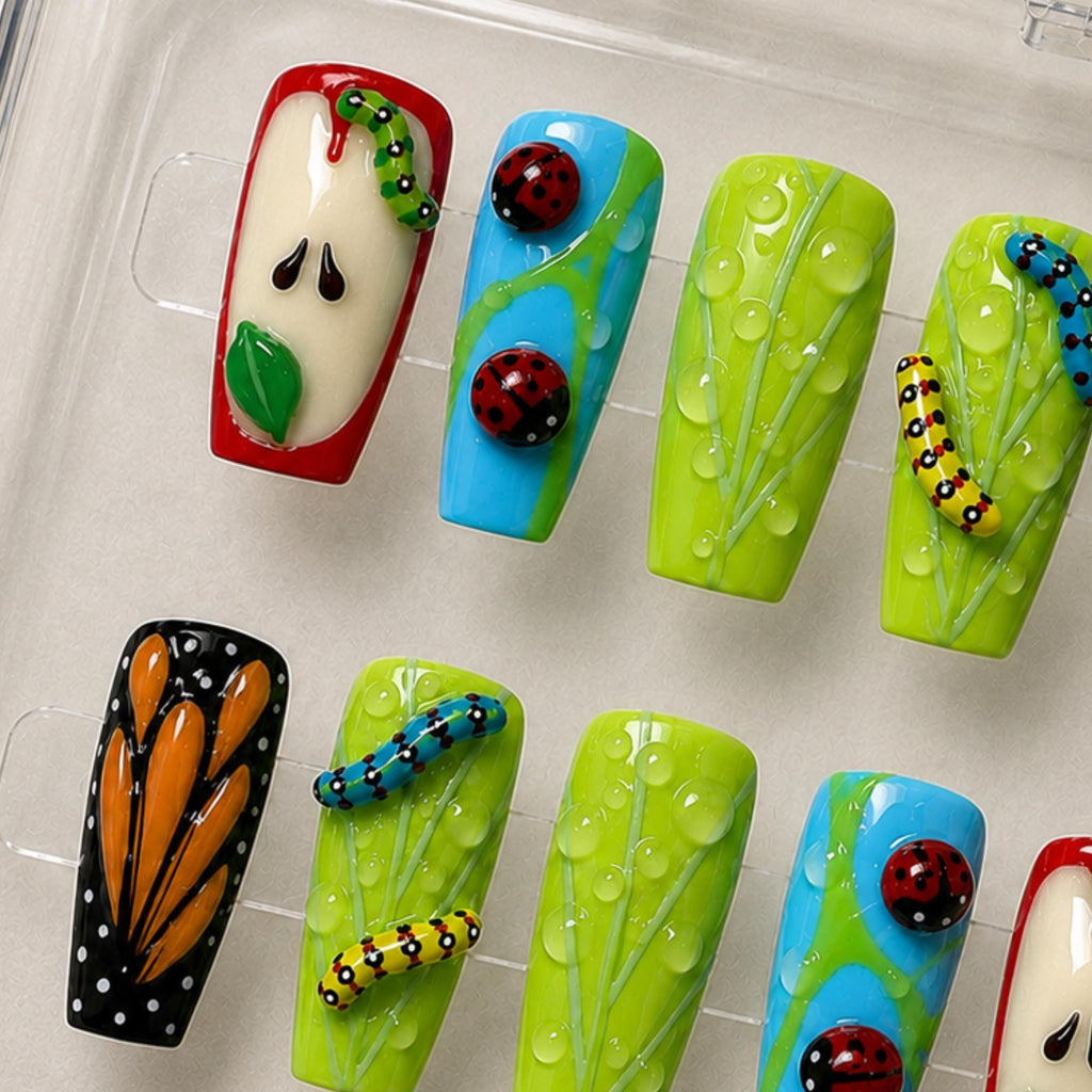 Apple Garden Press On Nails, 3D Whimsical Butterfly Nails, Cute Nature Ladybug Nail Set