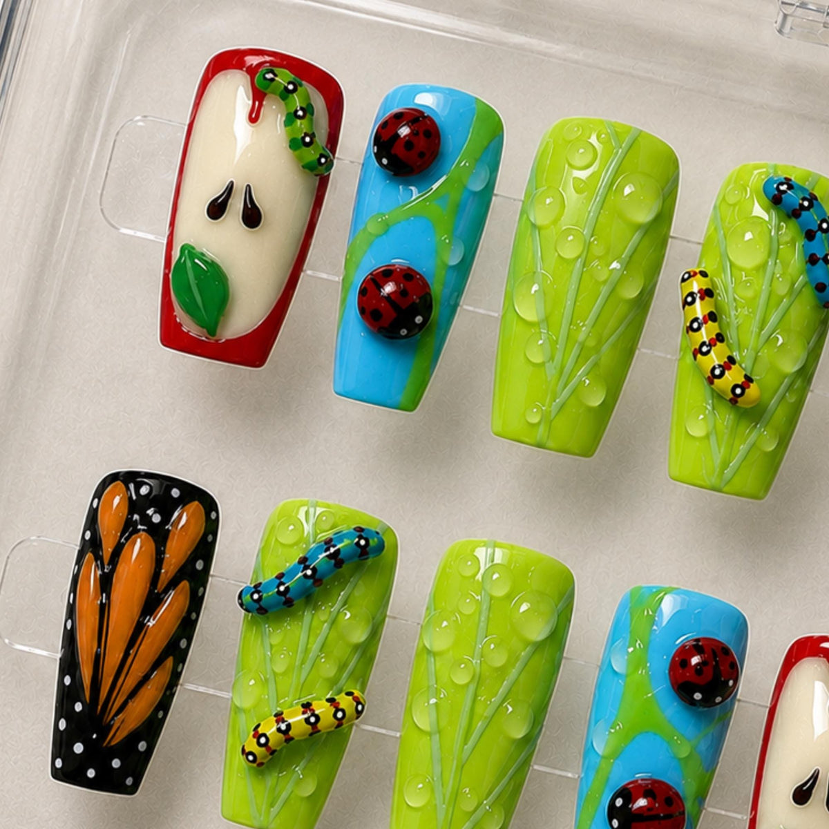 Apple Garden Press On Nails, 3D Whimsical Butterfly Nails, Cute Nature Ladybug Nail Set