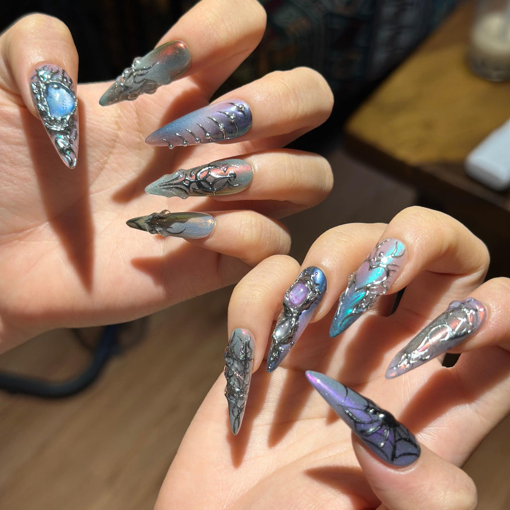 Spider Web Press On Nails with Dark Fantasy Chrome, 3D Metallic Gothic Nails, Alt Fashion Statemen, Press on nail almond , JB468WG