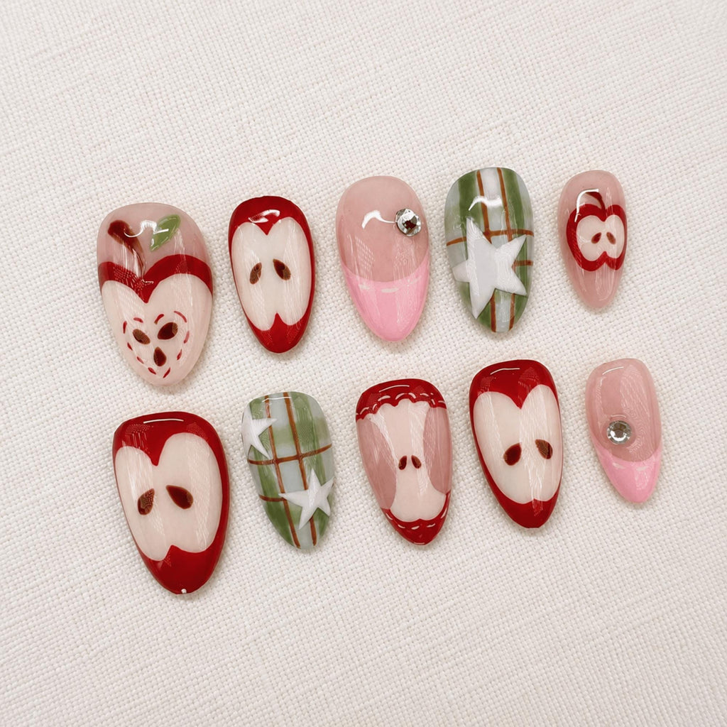 Autumn Apple Press On Nails, Kawaii Red Plaid Handmade Set, Fall Fruit Nails