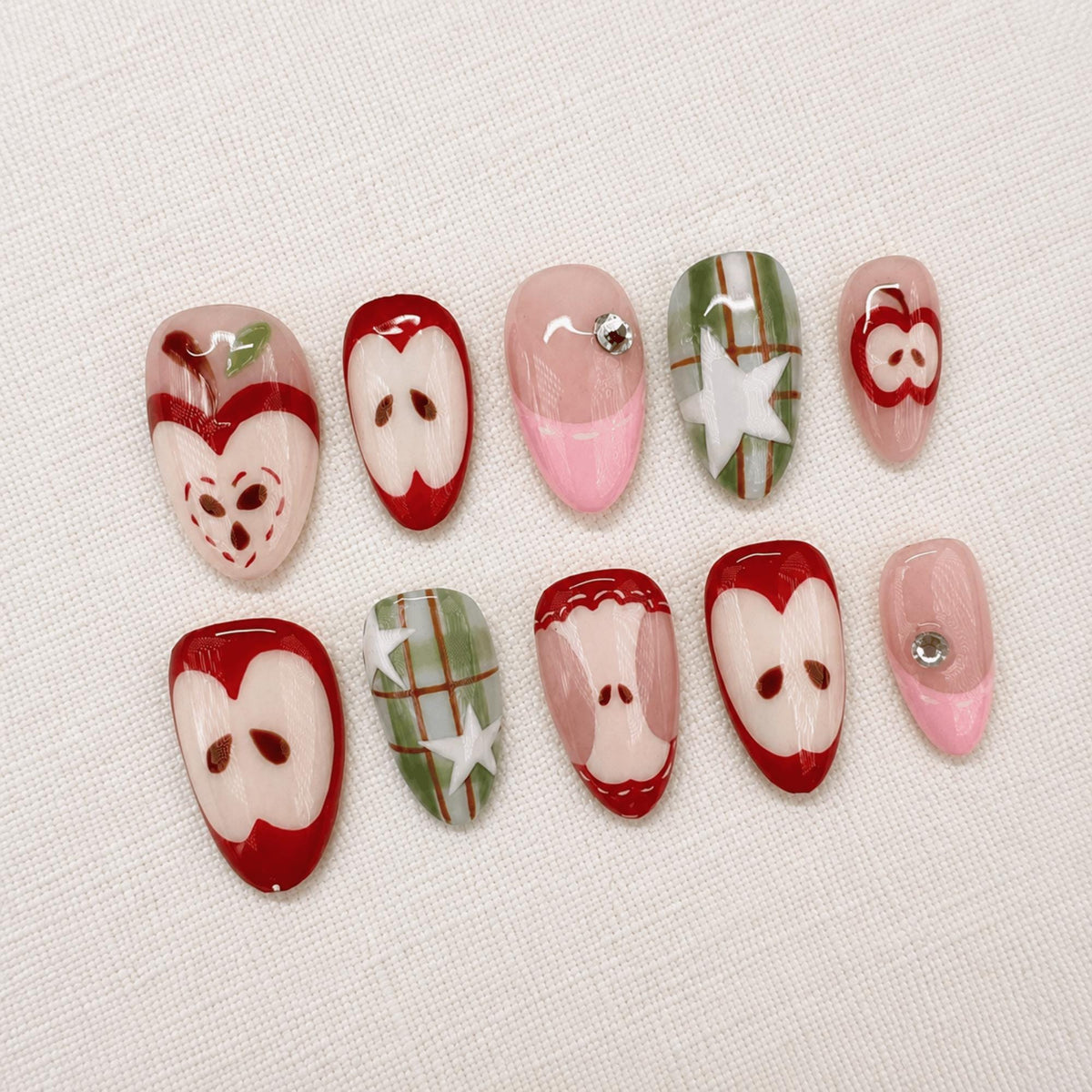 Autumn Apple Press On Nails, Kawaii Red Plaid Handmade Set, Fall Fruit Nails
