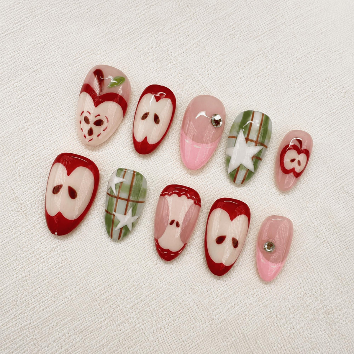 Autumn Apple Press On Nails, Kawaii Red Plaid Handmade Set, Fall Fruit Nails
