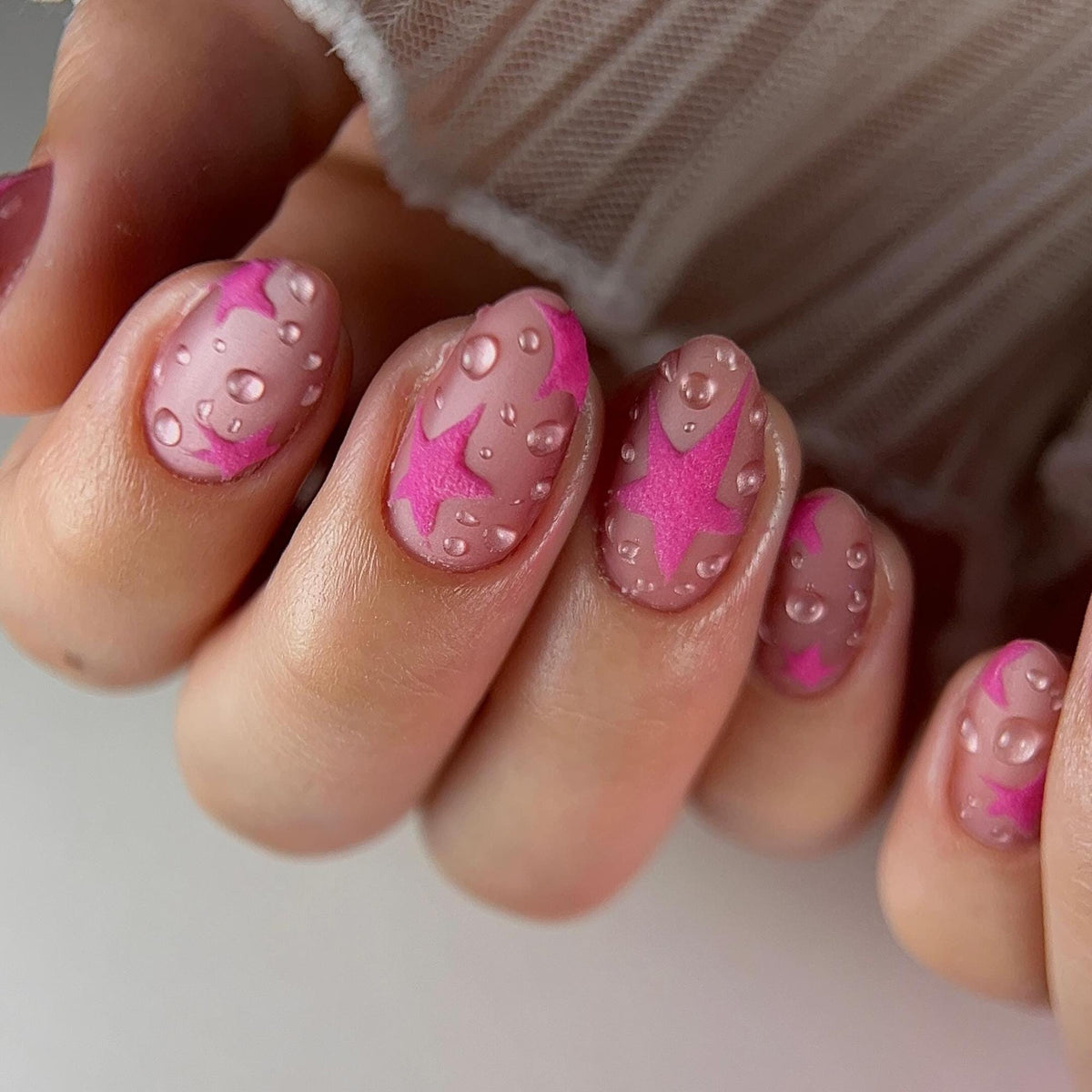 Pink Star Press On Nails, 3D Water Drop Nails, Y2K Kawaii Nail Set